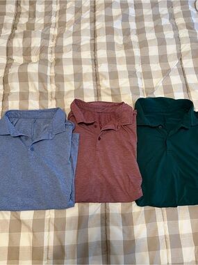 Three Lululemon Men’s Evolution Polo Shirts - Blue, Maroon & Dark Green 3 Pack